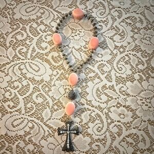 Rosary Peach Antiqued‎ Ornate Rhinestone Embellished Cross